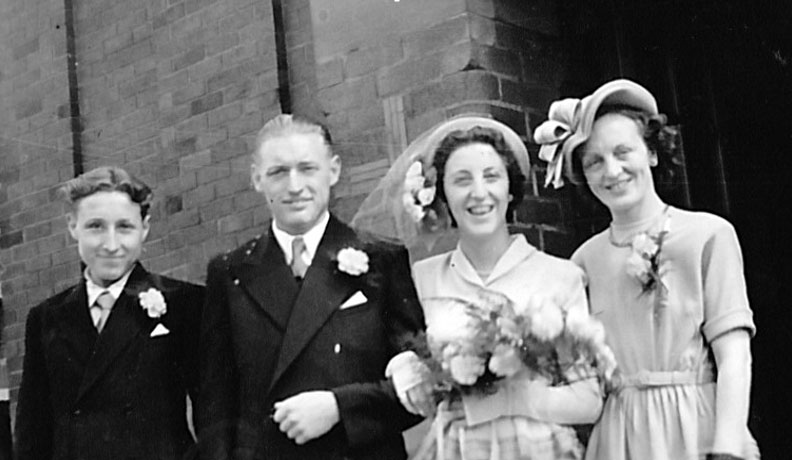 My parents Wedding Day 1949 with Dad’s brother, Tom and Mum’s sister, Muriel.