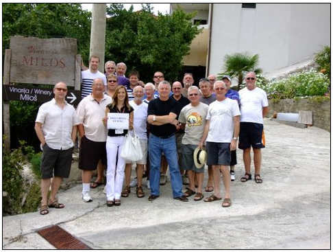 The Jolly Boys visit a winery in Dubrovnik. Nigel Moore is on the far right. I’m centre, front.