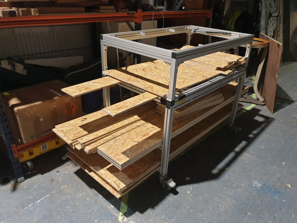 Storage for cut lengths of chipboard.